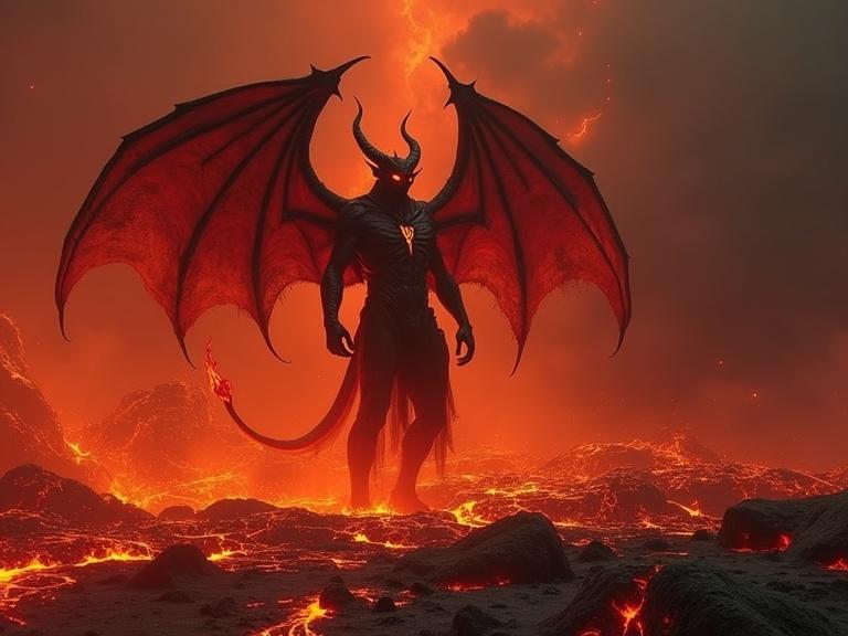Demon emerging from a chasm of fire with a river of lava in the background