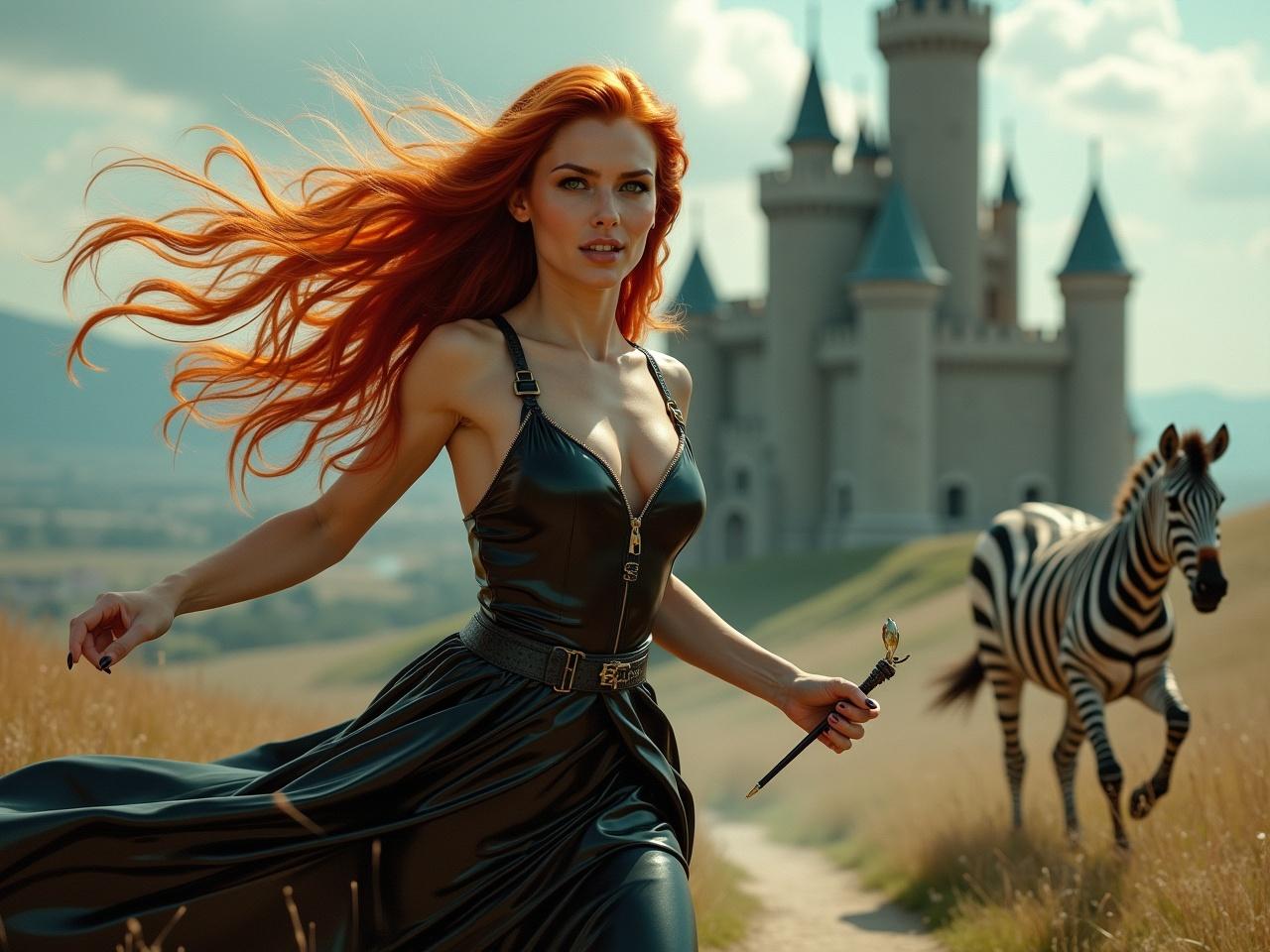 A striking scene unfolds with a woman featuring long, vibrant red hair and captivating green eyes. She runs gracefully in a skin-tight blue latex dress, the fabric billowing in the wind. In her hand, she holds a magical wand, embodying a fantastical sorceress. Behind her looms a majestic castle, adding a sense of adventure. Nearby, a zebra runs alongside, creating an enchanting and whimsical atmosphere blended with magical elements.