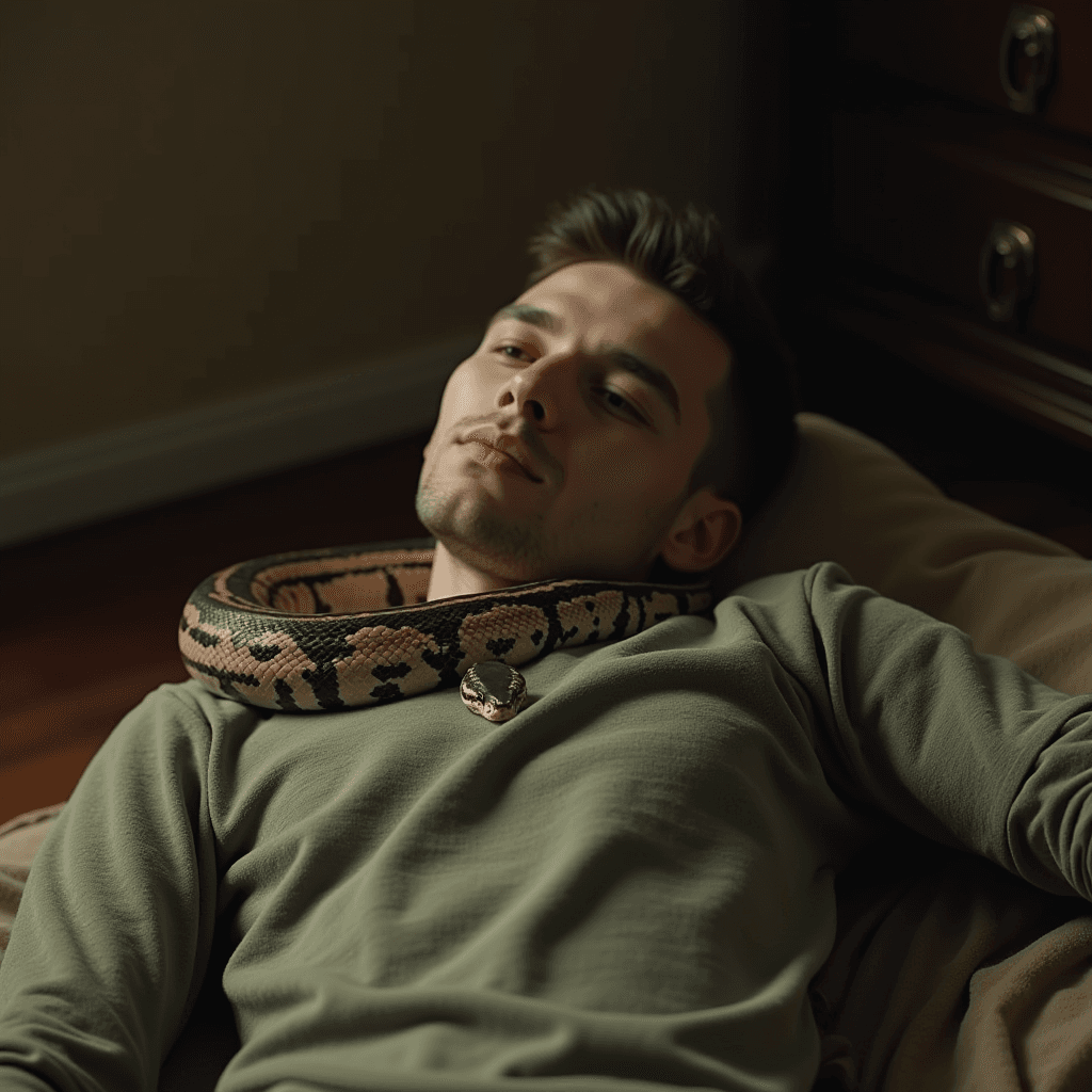 A man lies calmly on a sofa with a large snake coiled around his neck in a dimly lit room.