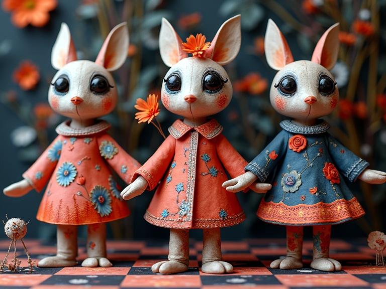 Colorful paper animals arranged in a conga line. Each figure wears a dress with floral embellishments. Background features a surreal checkerboard pattern. Wild colors like purple and orange dominate the scene. The lighting is soft and dreamy. Art is inspired by folk traditions and surreal styles.