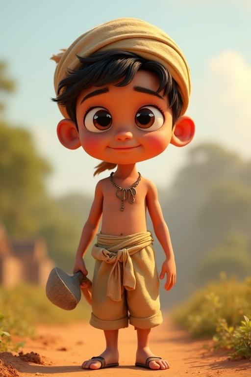 A cartoon character of a young farmer is in a rural setting. The character has large expressive eyes. The outfit includes a loose cotton shirt and a dhoti or lungi. A cloth is tied as a turban around the head. The character is barefoot, holds a small sickle, and stands in a village background. The style is vibrant with soft lighting.