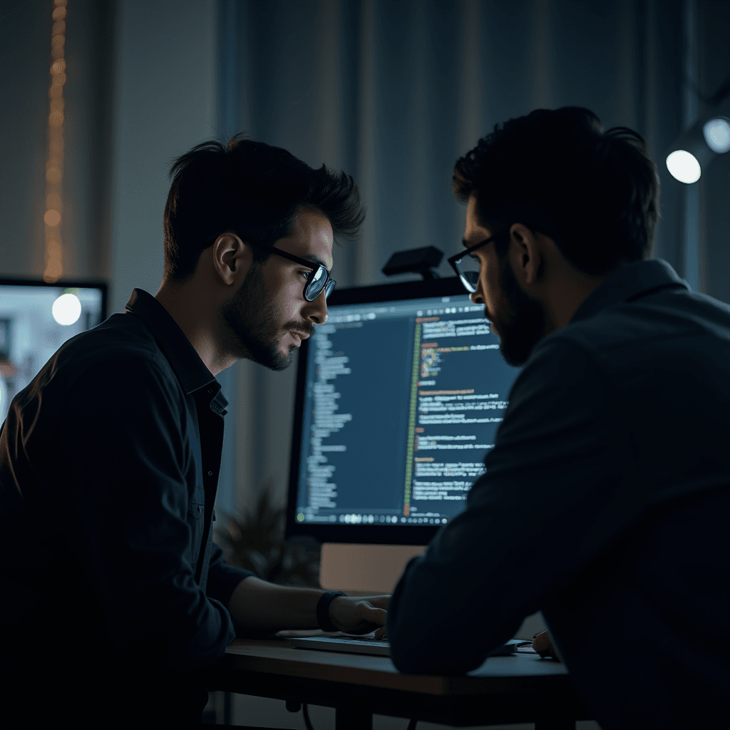 Two people engaged in a focused discussion while reviewing code on a computer screen in a dimly lit room.