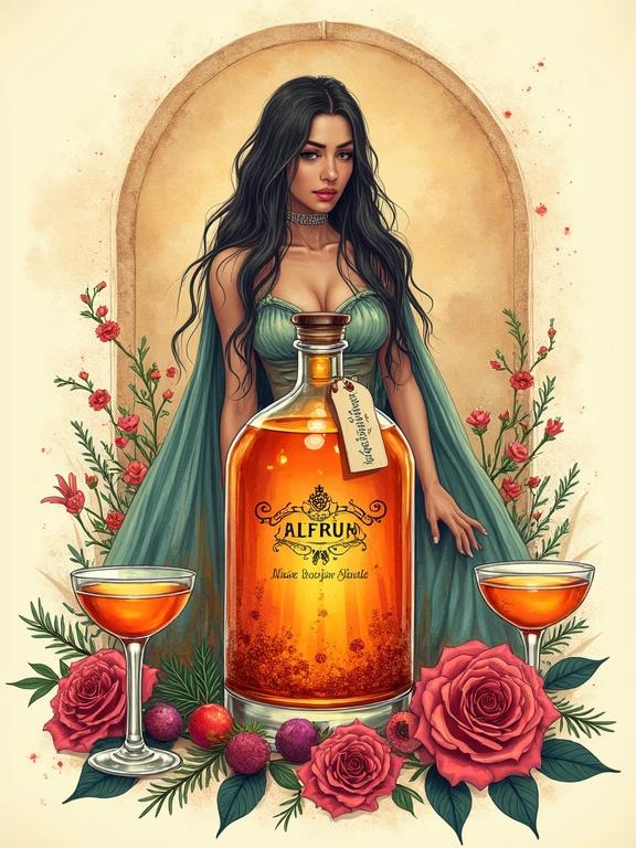 A beautiful goddess figure in a green gown stands behind a glowing liqueur bottle. The bottle has a tag that reads 'ALFRUNO'. Two cocktail glasses filled with the same liqueur are on either side. There are roses and rosemary around the bottle. Background is beige with floral patterns and a romantic phrase in elegant typography. The illustration has vibrant colors and fantasy elements.