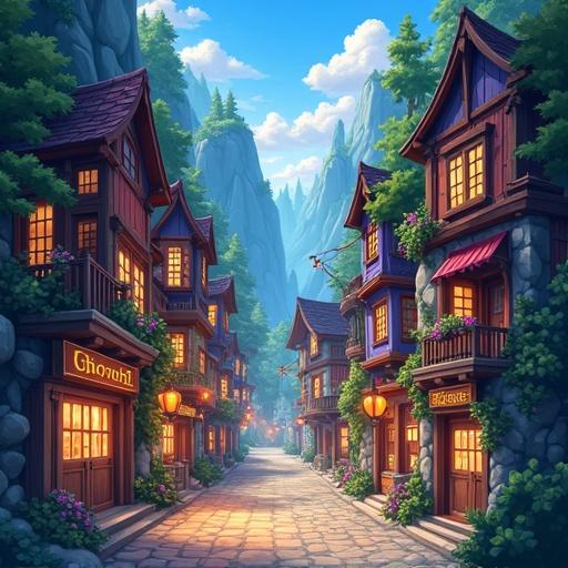 Vibrant whimsical RPG game town with vertically stacked buildings. Features wooden and stone structures closely built. Colorful roofs and balconies. Glowing lanterns and colorful plants on walls. Small bridges and light strings connect above the path. Sky peeking through canyon walls with magical light shafts. Cobblestone main road leading up steps. Shops on both sides with inviting interiors. Various shops include potions, weapons, armor, Guild, and an Inn. Enchanting atmosphere for adventure potential.