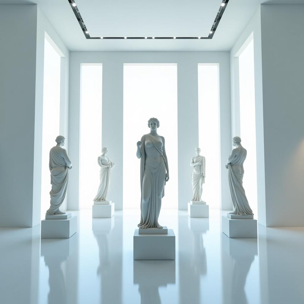 Modern art gallery with classical Greek-style sculptures in a symmetrical layout. Central statue of a woman in flowing garments surrounded by other sculptures. Large light openings create a serene atmosphere with soft glow. Dominant colors are whites and soft blues.