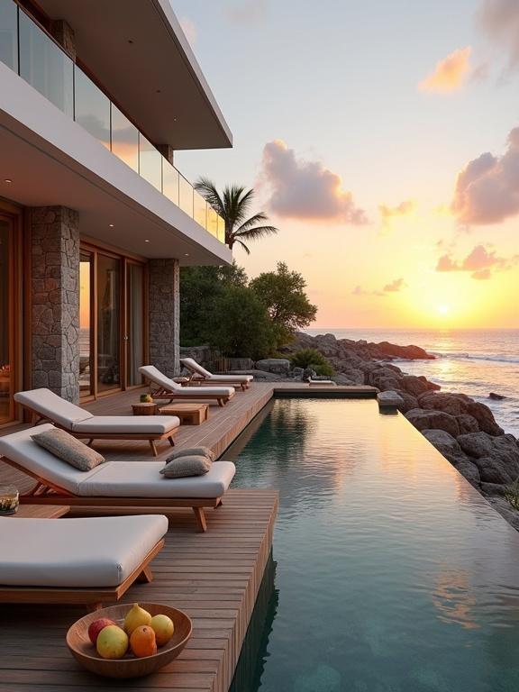 A luxurious multi-story villa with a white and light brown exterior is beside a tranquil body of water at sunset. Natural stone pillars and wood accents are visible. A wooden deck has off-white cushioned lounge chairs with earth-toned pillows. A shallow wooden bowl of fruit sits on a table. Next to the deck is an infinity pool reflecting sunset hues. Dark rocks border the ocean. The sky displays sunset colors with orange, yellow, and purple. Green trees are near the villa. Scene illuminated by a warm glow.