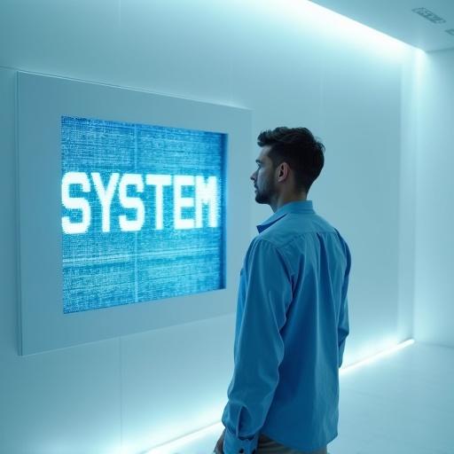 Digital photograph of a man in a futuristic room. He appears shocked while staring at a high-tech screen. The screen displays glitchy blue text questioning existence. The room has white walls and ambient lighting. The man's blue shirt contrasts with the surroundings.