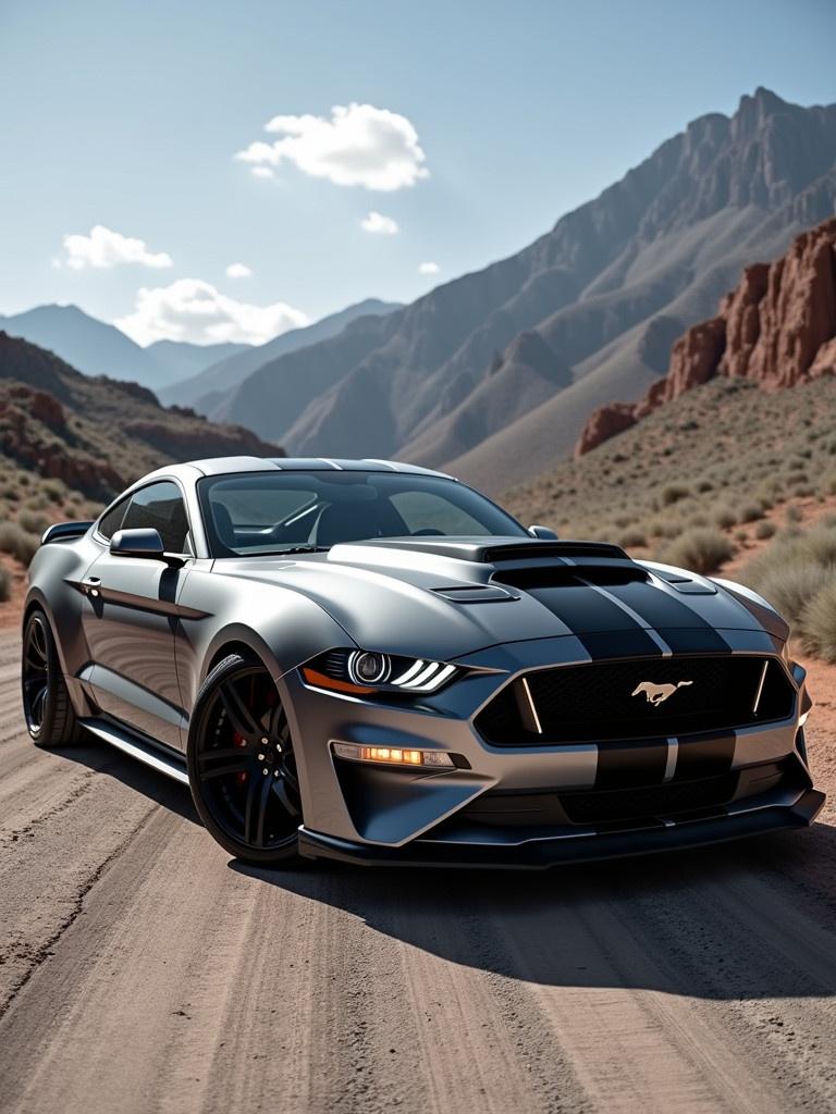 A Mustang S197 is wrapped in a nofap design. The car is positioned on a dirt road. Majestic mountains rise in the background under a clear sky. The car features a sleek silver body with black accents. Its bold stance is accentuated by the natural landscape.