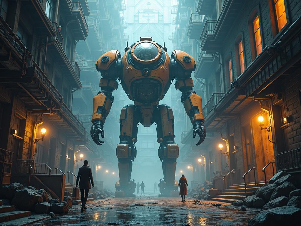A detailed scene featuring a steampunk-inspired urban alley. Atmospheric fog surrounds the area. Two figures walk along tracks. Buildings showcase intricate designs with signs lit up. Wires hang above. Moody and mysterious setting.