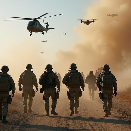 Image shows helicopters and drones surrounding ground forces during a military operation. Soldiers advance in formation on a dusty road. Smoke billows in the background from the tactical engagement. Technology highlights the coordination of air and ground units.