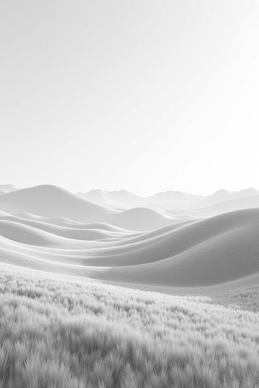 Grayscale heightmap of serene grassland landscape. Gentle rolling hills and subtle elevation changes. Vast open field with soft undulations. Minimal vegetation, no prominent structures. Smooth and natural terrain with gradual slopes. Peaceful untouched environment.