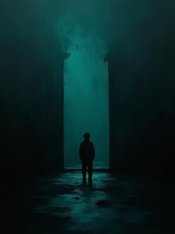 This artwork presents a boy standing in a void. The background is mostly black. Dark teal light illuminates the surroundings. The scene conveys feelings of solitude. The painting uses harsh brush strokes. There are absurd and unfinished elements throughout. It features a minimalistic style with flat colors and unique silhouette design.