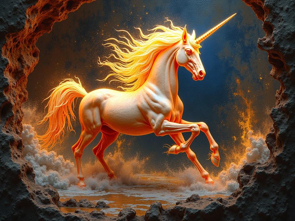 A semi-gilded majestic glowing unicorn is speeding through vortexes of liquid light. The unicorn is styled in an obscure tribal petroglyph manner. It is featured against a decayed fresco mural, surrounded by swirling psychedelic oil slicks and shimmering colors. The scene has slit-scan motion blur and recursive hypnotic distortions with shifting prismatic light.