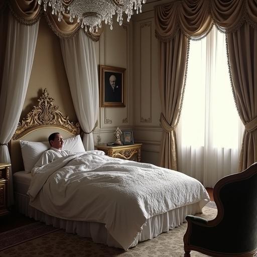 Mustafa Kemal Atatürk lies in an ornate bed at Dolmabahçe Palace. The room showcases late Ottoman and early Republican elegance with high ceilings and intricate curtains. He rests under a white quilt, near tall windows with sheer drapes. Antique furnishings include a velvet armchair and a small table. Gentle morning light fills the space, creating a serene, respectful atmosphere.