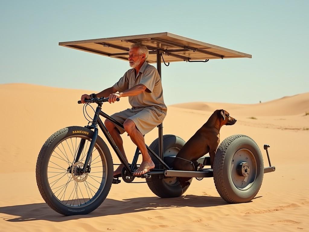 A man sits contentedly on an innovative solar-powered tricycle, designed for traversing desert terrain. The wide tires and elevated solar panel roof make the vehicle ideal for sandy landscapes. Beside him, a loyal dog enjoys the ride, gazing into the distance. The endless dunes stretch beyond, under a clear blue sky, evoking a sense of adventure and sustainability.