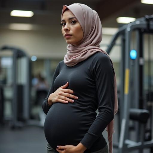 Pregnant woman wearing hijab in gym setting. Holding her belly. Appears healthy and active. Comfortable athletic clothing. Friendly atmosphere.