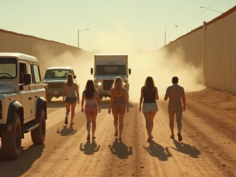 Realistic photo capturing a group of women walking toward a 4x4 truck near a dusty border wall with faded white vehicles. Shadows stretch long under harsh sunlight, their anxious expressions visible as figures motion urgently toward them.