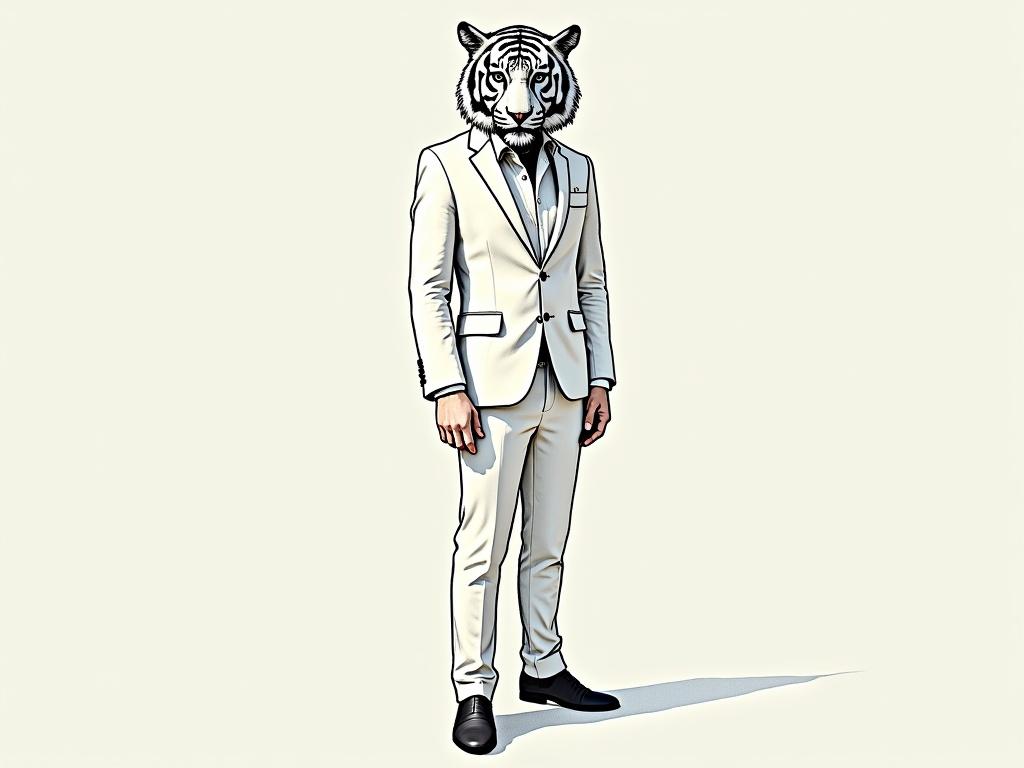 Draw a man in a white suit. The man has a tiger's head. His hands are out of the trousers.
