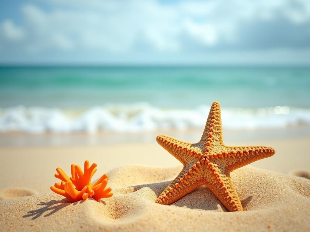 A realistic photo capturing a beautiful beach scene. The golden sand is gently sloping with soft waves in the background. A starfish is prominently displayed in the foreground, showcasing its natural texture and details. Nearby, there is a piece of bright, coral-like feature adding color to the sandy beach. The ocean water is a clear blue, reflecting the cloudy sky above. This image evokes a sense of peace and tranquility, inviting viewers to imagine themselves at the beach.