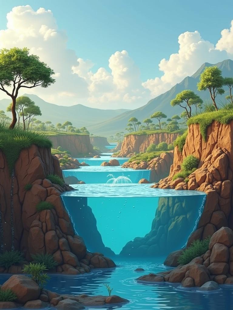 Illustration of a pristine natural landscape showcasing blue waters and lush greenery. The scene features cascading waterfalls and rocky cliffs, surrounded by trees under a clear sky with fluffy clouds.