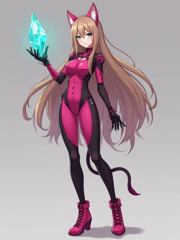 Anime woman has long light brown hair and cat ears. Blue eyes and perky breast. Wears dark pink bodysuit and pink combat heels. Holds teal glowing crystal in her hand. Art style inspired by Xenoblade Chronicles 2.