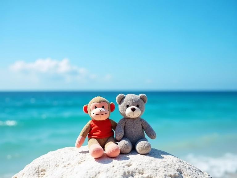 Photo of two stuffed animals sitting on a large white rock by the ocean. Bright sunny day. Clear blue sky with a small white cloud. Deep blue ocean in the background. Horizon line visible. Left toy is a beige monkey with red ears and a red shirt. Right toy is a grey bear. Both toys are slightly worn. Rock has a rough texture. No people in the scene. Daytime with bright natural light. Calm ocean creates a peaceful atmosphere. Toys positioned center on the rock. Background mostly ocean with some sky.