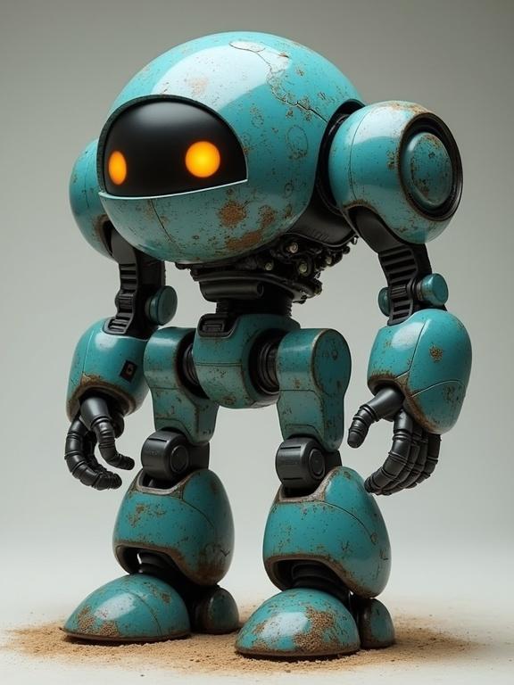 Tachikoma is a humanoid robot with a round head and orange glowing eyes. The robot has a turquoise body with a rusty texture. It stands with a sturdy structure and mechanical limbs. The background is neutral to highlight the robot.
