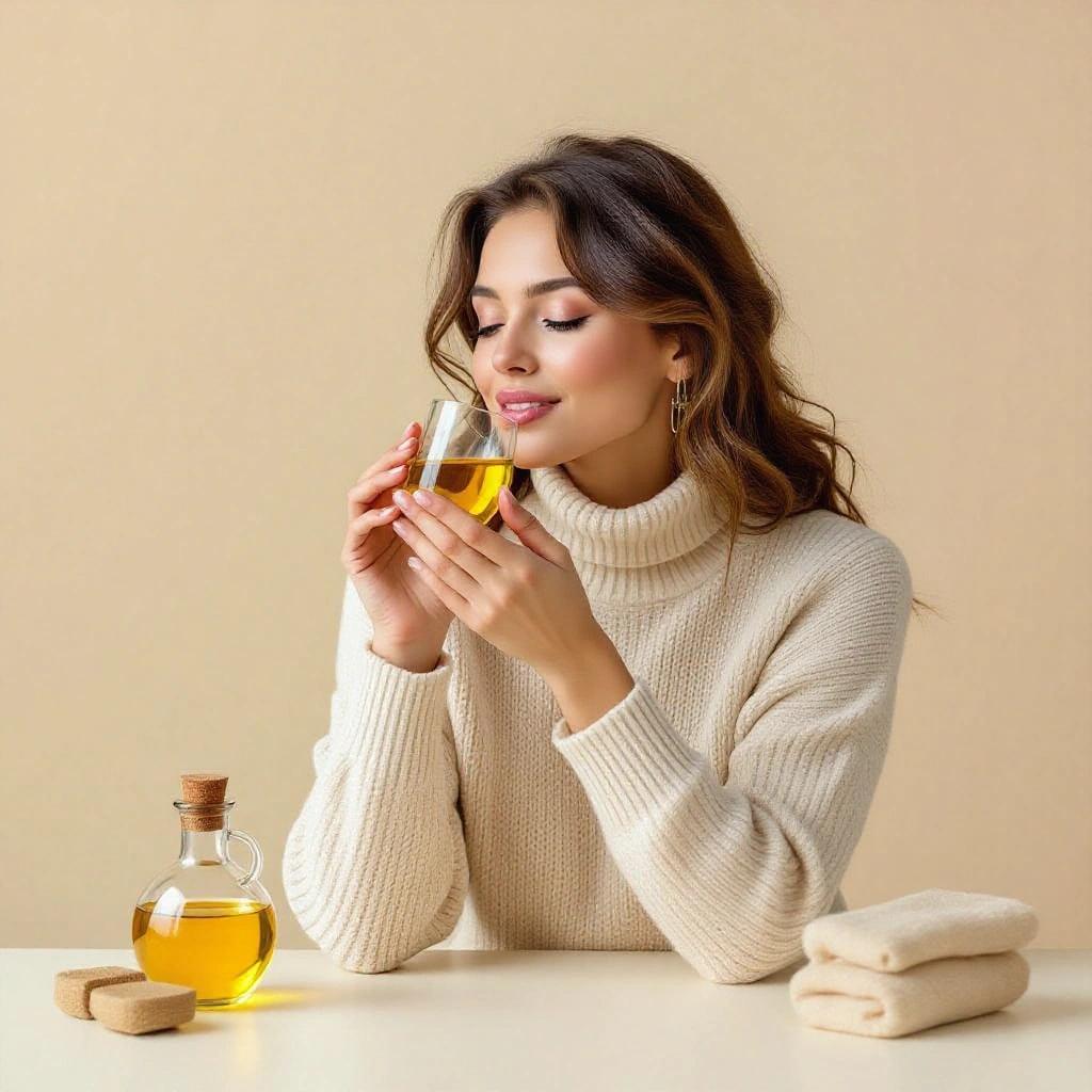 Realistic image of a woman in a light beige turtleneck sweater holding a glass of yellow oil. Soft background with warm tones and spa-related elements. Hyper-realistic style.