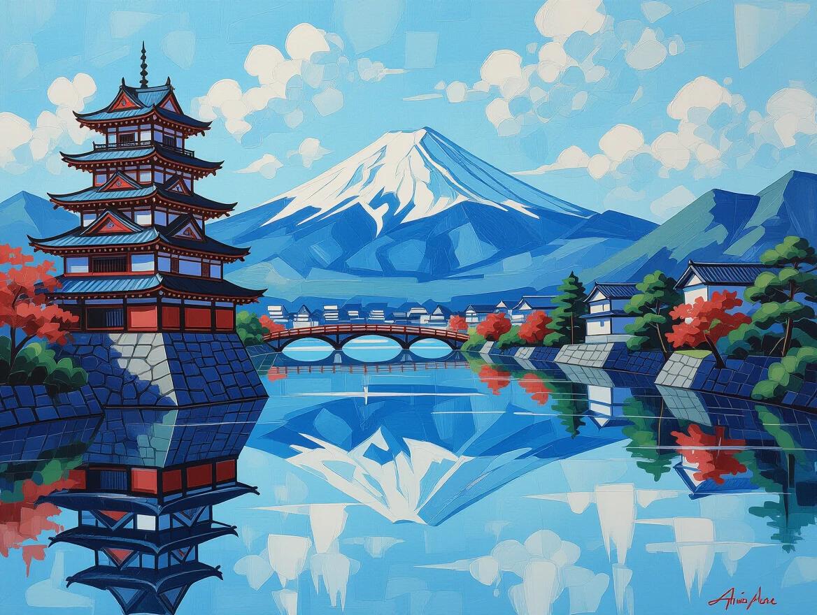 A colorful painting depicting a serene Japanese landscape. Features a pagoda near a river with reflections. The background showcases Mount Fuji under a blue sky. The style is reminiscent of ukiyo-e with vibrant colors and bold strokes.