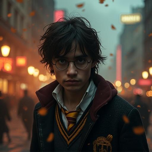 A young wizard with glasses in a city filled with fire and zombies. The scene is atmospheric and moody.