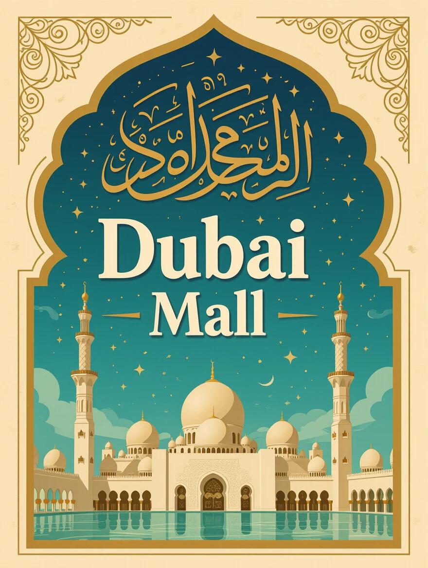 Design a typography-based poster featuring Dubai Mall. Use decorative elements inspired by Islamic architecture. Incorporate earthy and golden tones throughout the design.