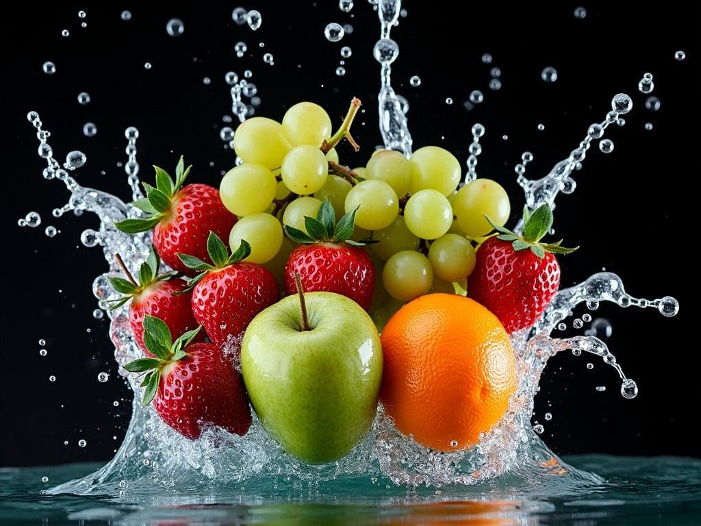 The image shows a dynamic splash of various fruits being dropped into water. Grapes, strawberries, a green apple, and a vibrant orange are seen as they create splashes and bubbles. The fruits are colorful and fresh, showcasing their natural shine. The background is dark to accentuate the bright colors of the fruits and the clarity of the water. The effect captures the moment of impact, with water droplets flying around, creating a lively and refreshing scene.