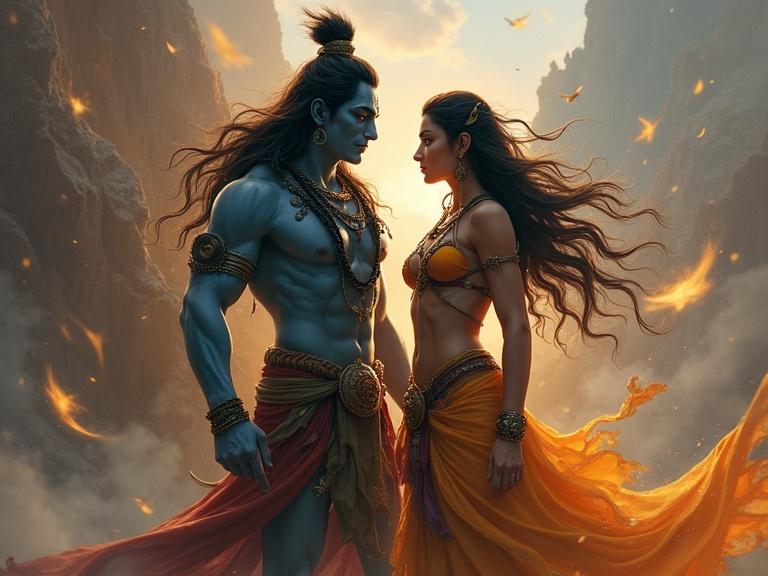 Illustration of Lord Rama and Goddess Sita facing each other in a dramatic battle scene. Both figures are adorned in traditional attire, showcasing their divine attributes. A mystical background enhances the scene with a sense of grandeur.