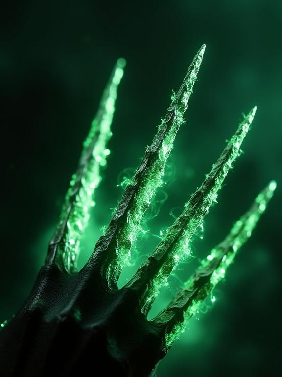 Close-up view of metallic claws slashing through darkness. Glowing green energy swirls around. Evokes a powerful healing vibe. Cinematic and gritty details displayed in high-resolution.
