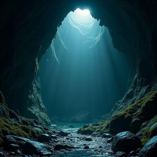 Extreme wide shot of a huge dark cave. Bright rays of light shine from the cave opening. Moss covers the rocky surface. Dark water flows inside the cave. Mysterious atmosphere evokes adventure.