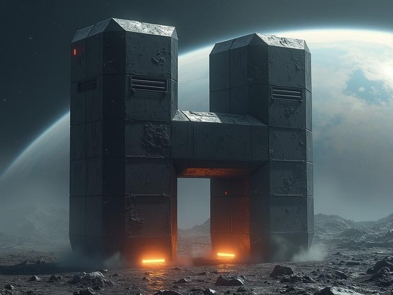 Huge dark grey sci-fi blocky bevel polygonal hull textured letter H shaped floating object. Features rectangular bevel polygonal window in front. Glowing orange thrusts on bottom. Landing on a planet with details and realism. Shadows and textures create soft reflection.