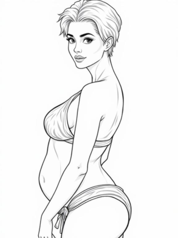 Vector illustration featuring a mature woman with short hair. The woman is wearing a bikini and a sarong. She has a curvy body with wide hips and toned abs. The image is a close-up portrait from a side view. It is created in black and white with a focus on outline and detail.