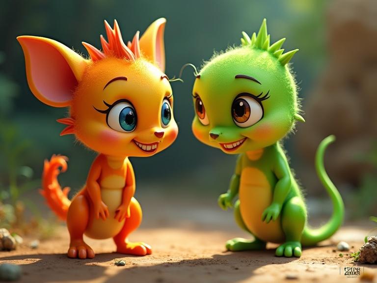 3D digital artwork features two cartoon characters. One is orange with large ears. The other is lime green with spiky features. Both characters are smiling and expressive. The background shows a soft, natural setting.