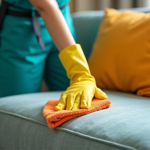 Close-up photograph of hand wearing yellow glove cleaning sofa with orange cloth in turquoise uniform. Sofa is yellow or orange with soft texture. Focus on cleaning action.