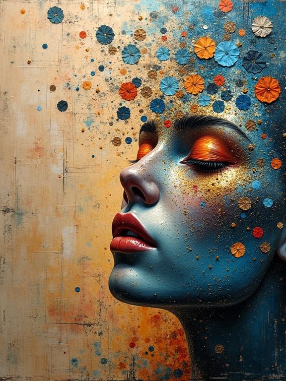 Oil painting of a woman's face with vibrant colors and textured elements. Features collage details like jute fibers and glittering confetti. High resolution with a magical composition.