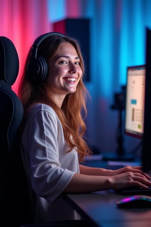 Live streaming girl sitting at her gaming desk using computer. She is engaged with chat messages on her monitor. The atmosphere shows a colorful lighting setup.