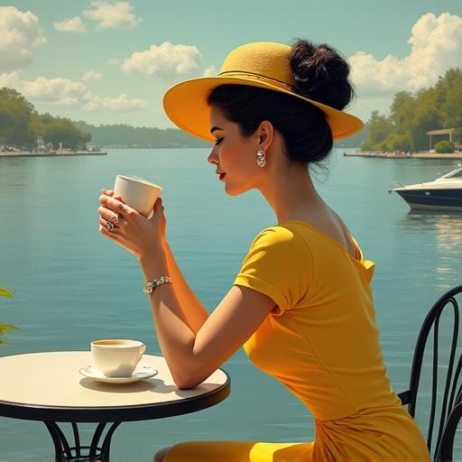 Digital painting of a dark-haired woman with elegant updo and shiny pins. Wearing a yellow dress with matching brim hat. Seated at a Bristol table by a serene lake. Enjoying a latte with a sunny sky backdrop. A boat is visible in the distance.