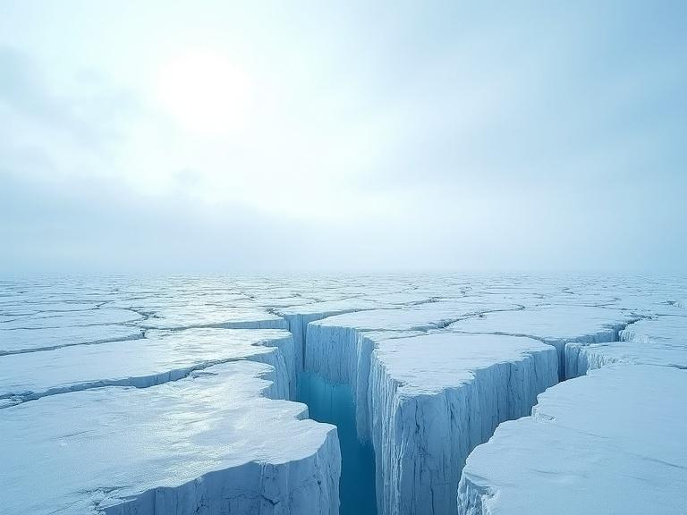 Vast expanse of ice stretches to the horizon with textured surface. Cracks and crevasses present. Scene bathed in cold bluish light under a clear sky or low-hanging clouds. Remote majestic atmosphere in ultra-realistic style. Wide-angle view 16:9 aspect ratio.
