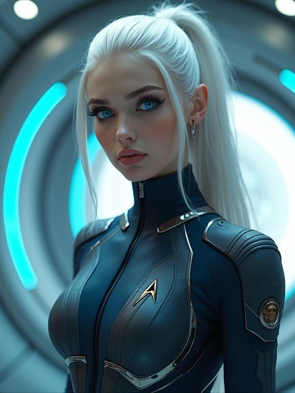 Character in futuristic costume Inspired by Star Trek. Long white hair styled in a ponytail. Striking blue eyes. Low-angle shot with dramatic lighting. Iconic Star Trek emblem on attire. Sci-fi background with teleporter effect.