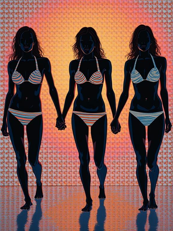 Skinny silhouettes wearing half bikini in different ages. Coming out of a pattern like a needlepicture. Optical art influence seen in Bridget Riley and Victor Vasarely. Features 3D illusion. Includes color gradient grid and micropatterns.