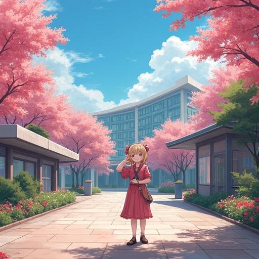 Anime scene depicts a young girl in a red dress standing outside a modern academy surrounded by cherry blossoms. The setting is bright and vibrant with blue skies and a luxurious architectural style.