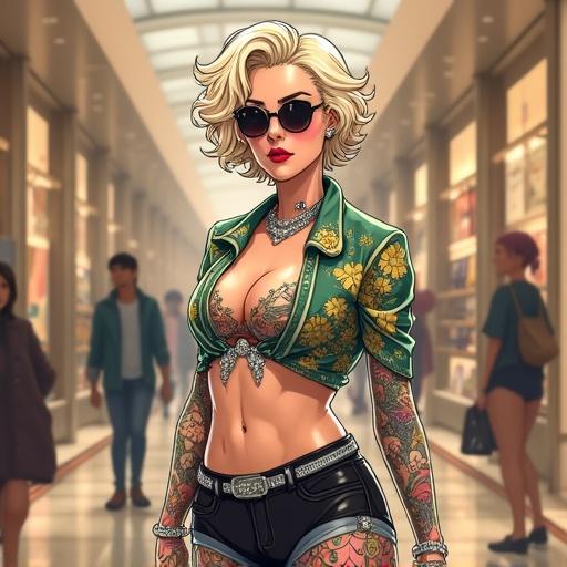 Anime style woman in a luxurious Burberry store. 67 years old with emerald green eyes and light blonde curly hair. Dressed in a popstar printed shirt and shiny shorts. Wearing diamond jewelry and sunglasses. Has traditional tattoos and a cybernetic right leg. Shopping in a vibrant city setting.