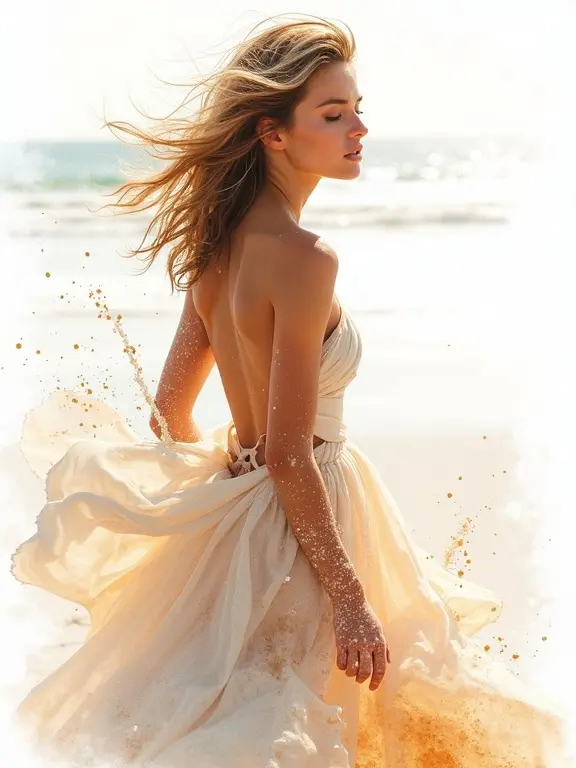 Nude tanned figure playing in sand on the beach with flowing dress. Watercolor artwork blending styles of Willem Haenraets, Carne Griffiths, and Anna Razumovskaya. Emphasis on dynamic white space with chaotic beauty and cinematic effect. Soft diffused lighting and delicate color palette with intricate details.