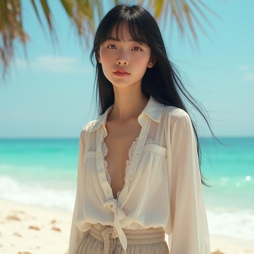 Ultra-realistic portrait of a young Asian woman on a beach. She has porcelain skin and soft pink blush on her cheeks. Large warm brown eyes display kindness. Long sleek black hair with blunt bangs. Wearing a cream-colored blouse with a modest neckline and high-waisted linen shorts. The blouse flows in the breeze, featuring lace trims. Stands barefoot on white sand with turquoise waves behind. Expression is warm and approachable. The setting includes palm trees and seashells under a clear sky.