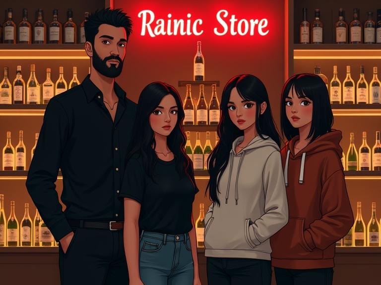 Inside a liquor store with luxurious feel. Wooden shelves filled with bottles. Champagne bottles form a pyramid. Four employees standing. Manager is tall with short black hair and beard in a black shirt. One girl in mid 30's has black hair with red stripes in a black shirt. Another girl in mid 20's has long black hair in a white hoodie. The last girl has short brown hair in a brick-colored oversized hoodie. A glowing neon sign says Rainic Store in the background.
